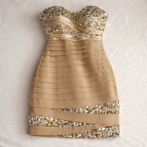 Mac Duggal Gold Beaded Sequin Strapless Mini Dress 4 Prom Cocktail Formal Prom